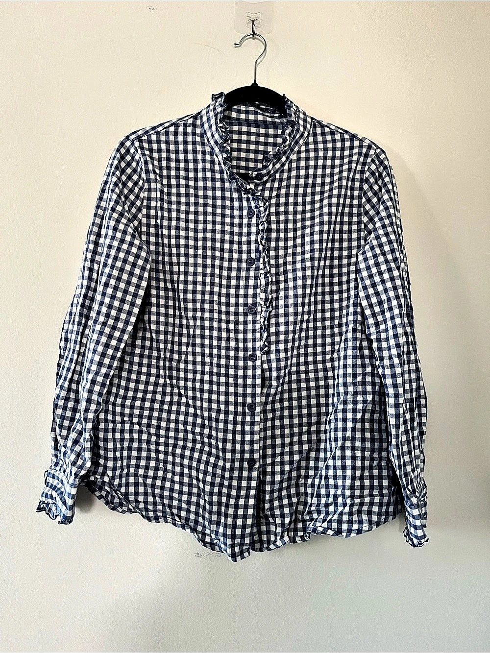 100% Cotton Blue White Gingham Ruffle Button Up Shirt Medium Cottagecore Western - Picture 1 of 7